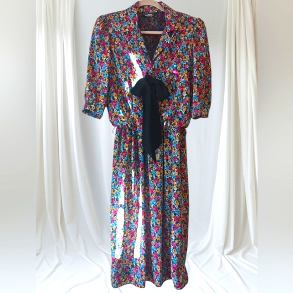 Vintage Bow Detail Midi Dress Elastic Waist - Picture 1 of 5